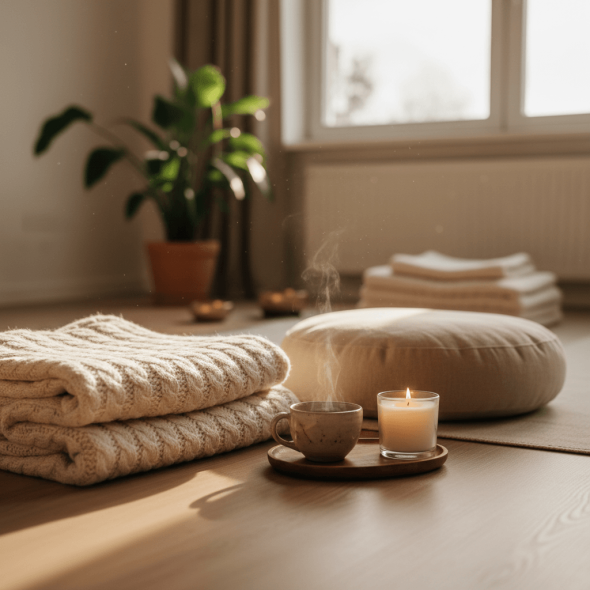 Stimmungsvolles Stillleben mit Meditationskissen, weichen Decken, einer Kerze und einer Tasse Tee in Sandras Praxis in Diegten.