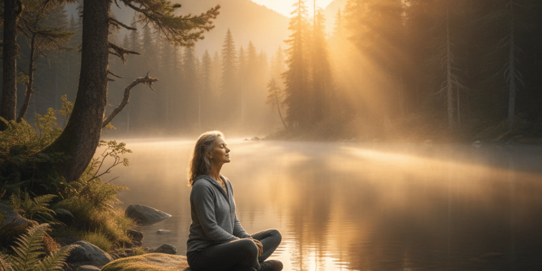 Eine Frau über 50 sitzt meditierend am Ufer eines nebligen Sees im goldenen Sonnenaufgang und geniesst die bewusste Atmung.