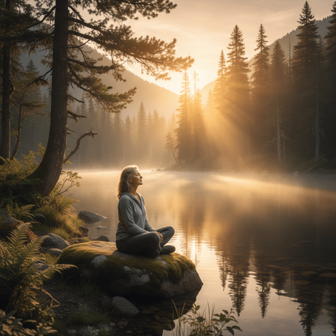 Eine Frau über 50 sitzt meditierend am Ufer eines nebligen Sees im goldenen Sonnenaufgang und geniesst die bewusste Atmung.