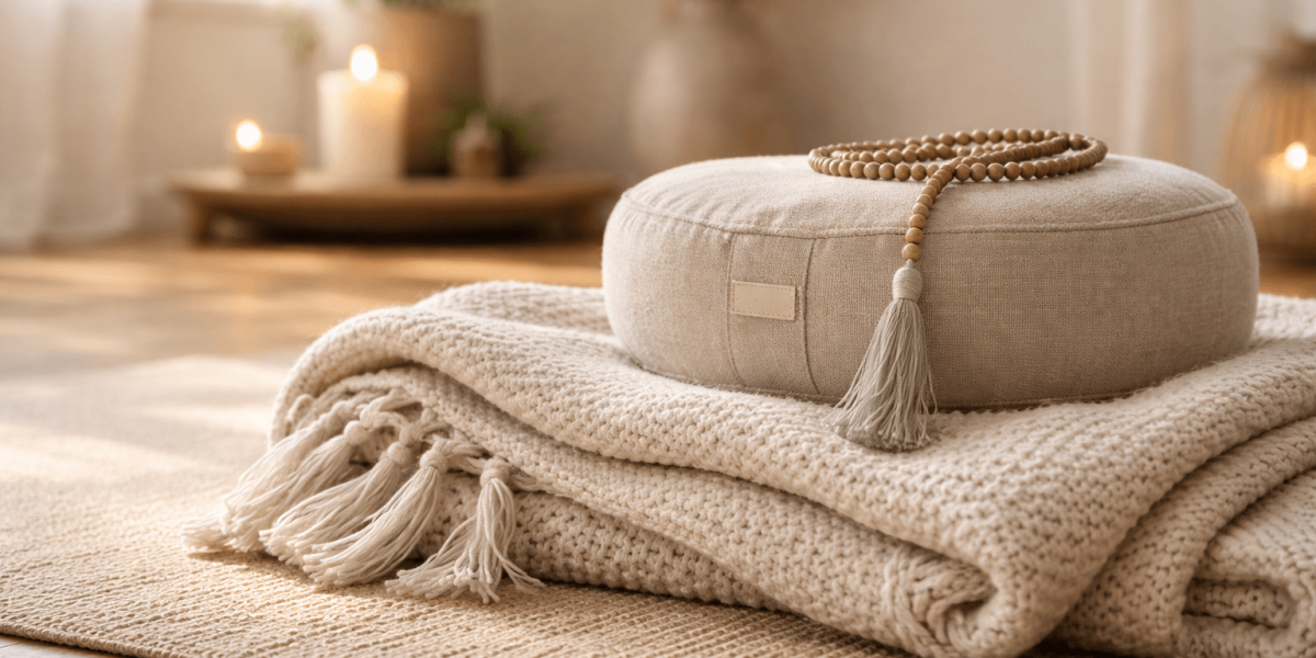 Meditationskissen und weiche Decke in einem hellen Raum für Atemarbeit und Entspannung in Diegten.