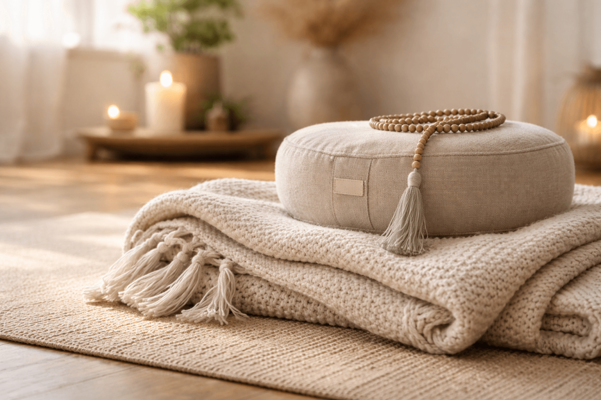 Meditationskissen und weiche Decke in einem hellen Raum für Atemarbeit und Entspannung in Diegten.