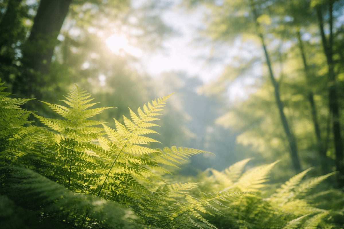 Sonnenstrahlen fallen auf grüne Farne im Wald als Symbol für Entspannung und Breathwork.