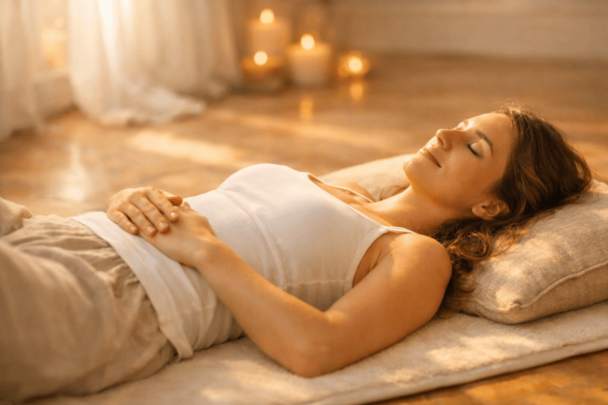 Eine Frau liegt entspannt in Savasana auf einer Matte, die Hände auf dem Bauch, und praktiziert Zwerchfellatmung zur Regulation des Nervensystems.