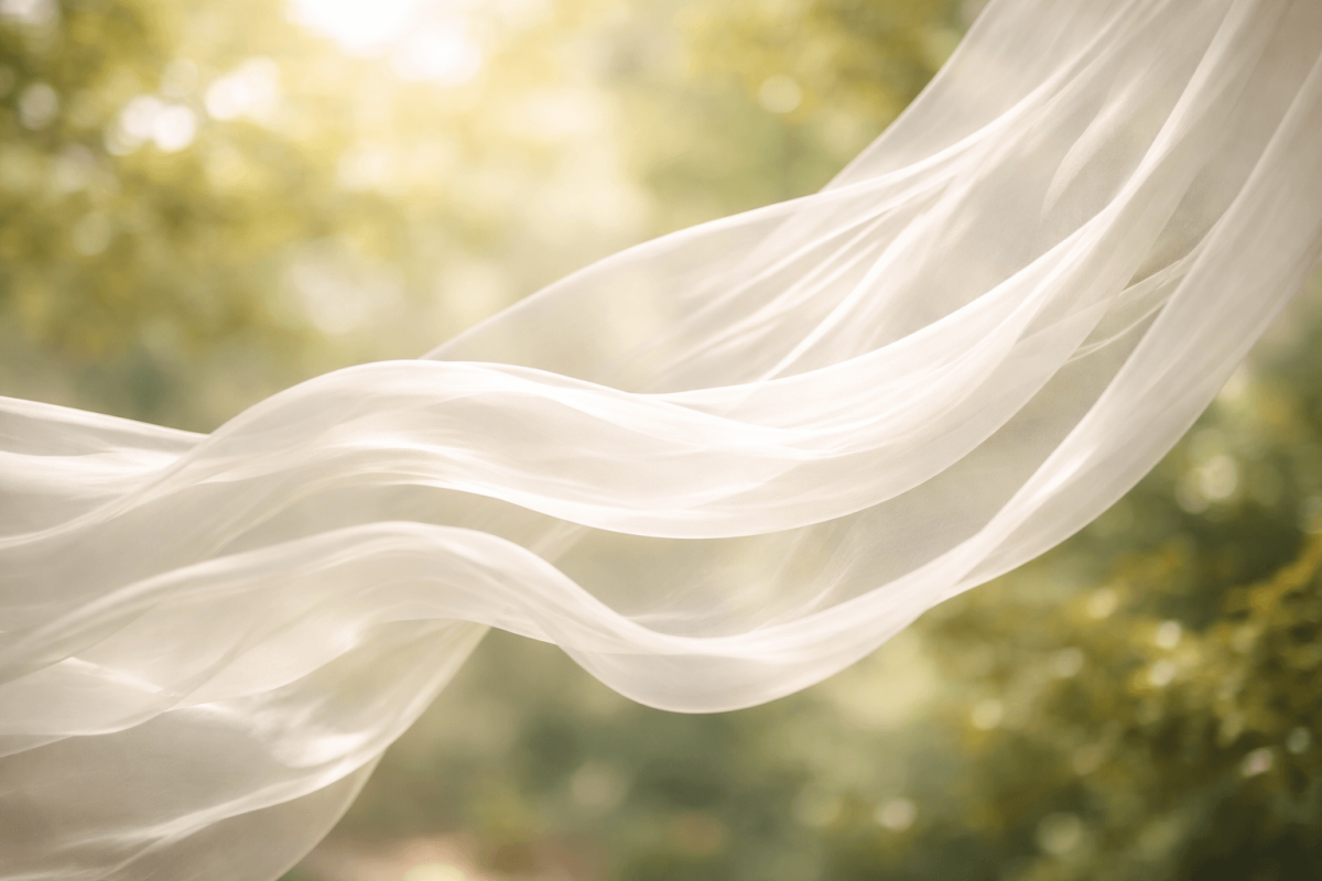 Weisser, lichtdurchlässiger Seidenstoff weht sanft im Wind vor Naturhintergrund.