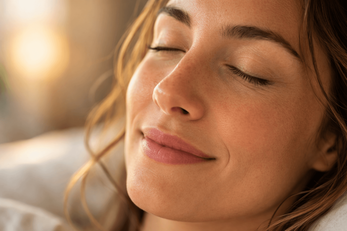 Nahaufnahme einer entspannten Frau mit geschlossenen Augen, die sanft durch die Nase atmet.