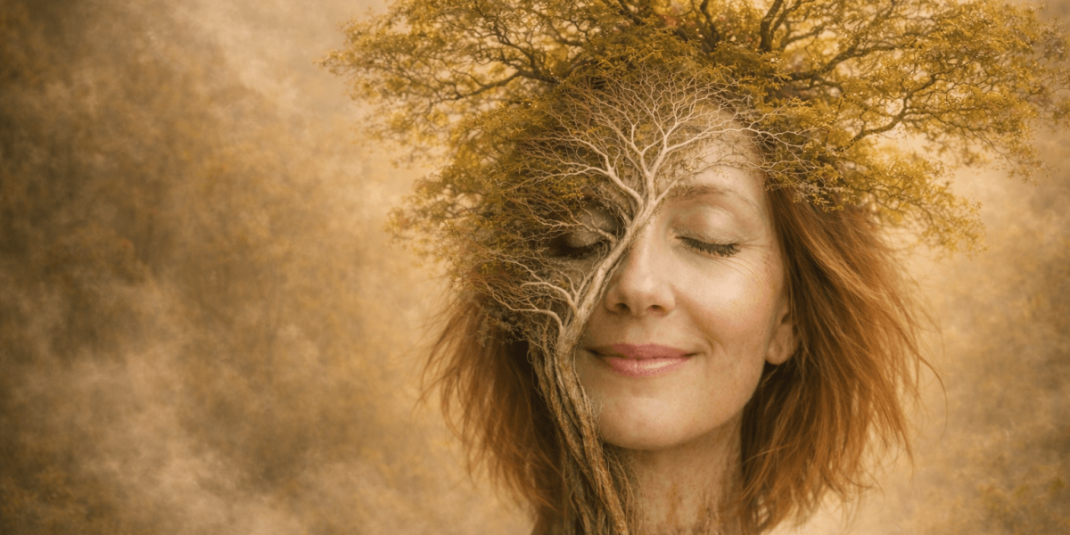 Frau mit geschlossenen Augen verschmilzt symbolisch mit einem Baum, der die Lungenverzweigung darstellt – Atem-Heilkraft.