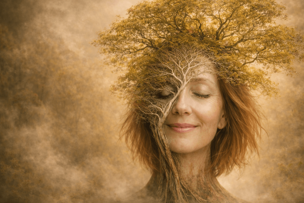 Frau mit geschlossenen Augen verschmilzt symbolisch mit einem Baum, der die Lungenverzweigung darstellt – Atem-Heilkraft.