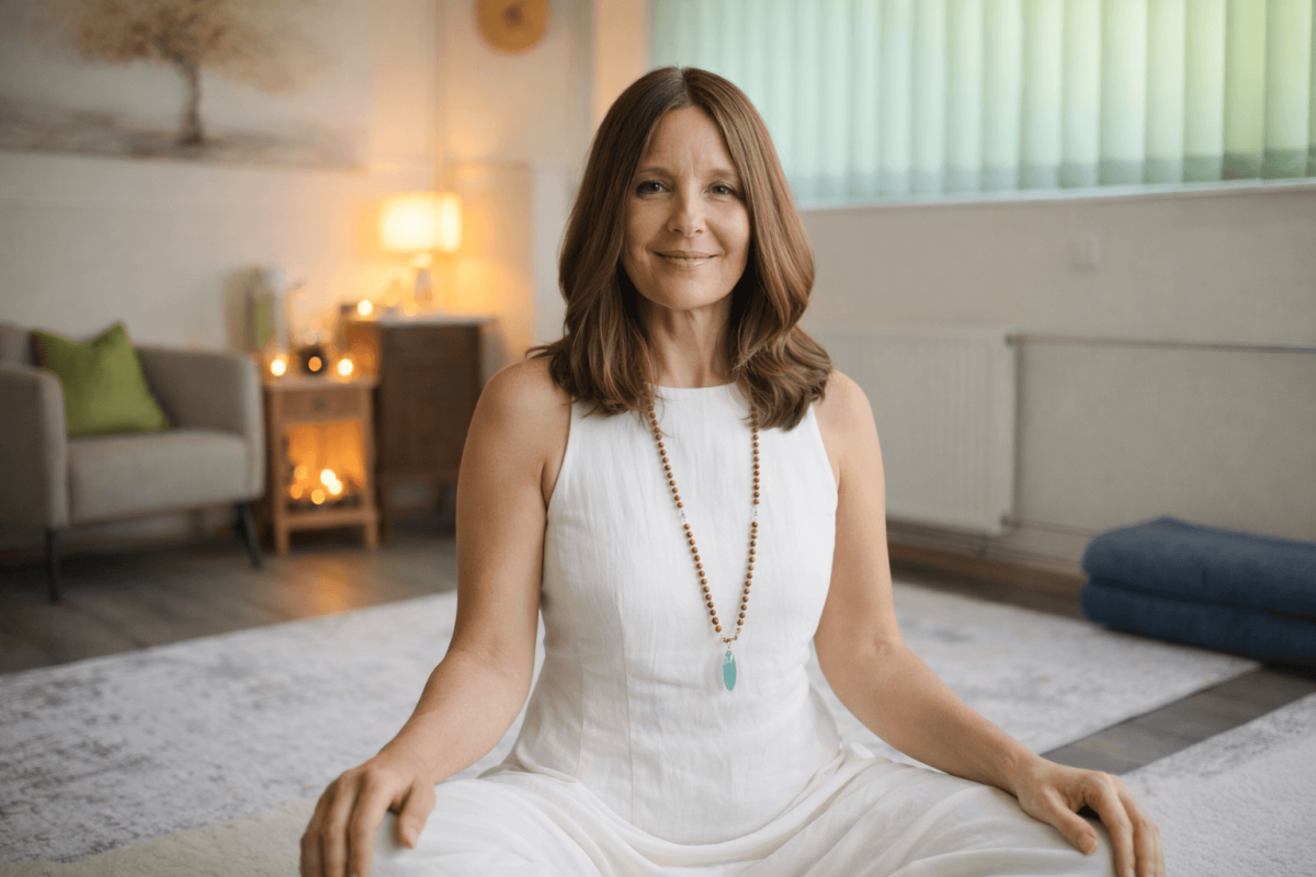 Die Atemtherapeutin Sandra sitzt im Meditationssitz in ihrer hellen, einladenden Praxis in Diegten. Sie trägt ein weisses Kleid und lächelt sanft. Im Hintergrund sieht man eine beruhigende Kerzenatmos