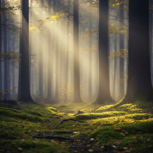 Ein ruhiger, nebliger Wald am Morgen mit weichen Lichtstrahlen, die zwischen den Bäumen durchscheinen.