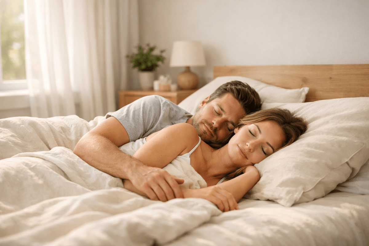 Paar schläft friedlich und entspannt in hellem Schlafzimmer.