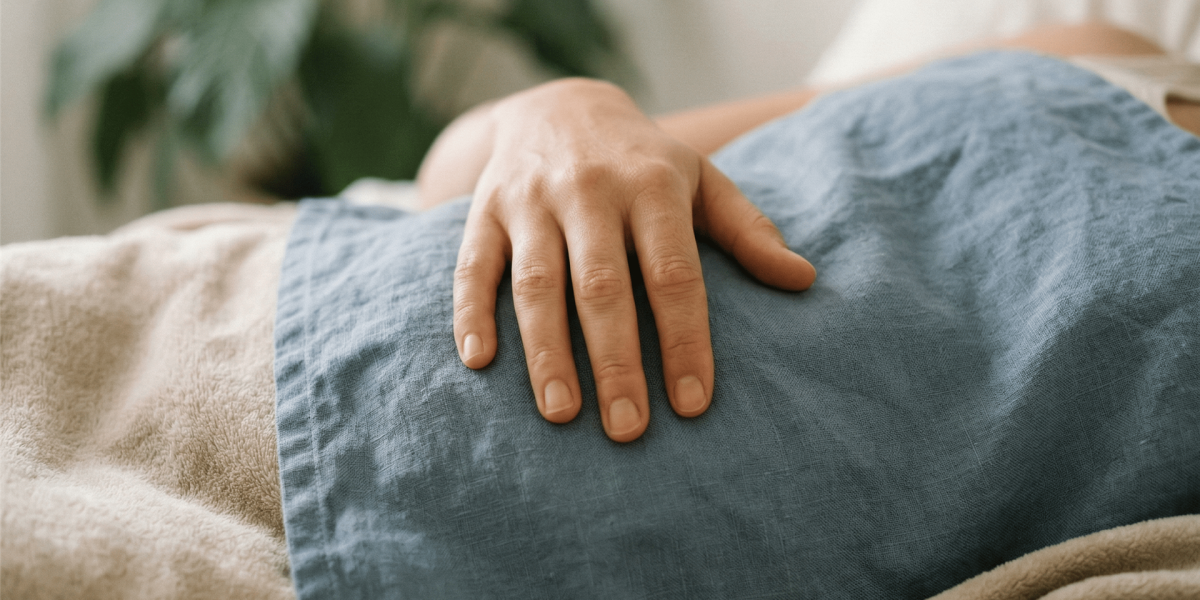 Close-up einer Hand, die sanft auf einem Bauch ruht, um die traumasensible Zwerchfellatmung und Nervensystem-Regulation bei atem-heilkraft.ch zu illustrieren.