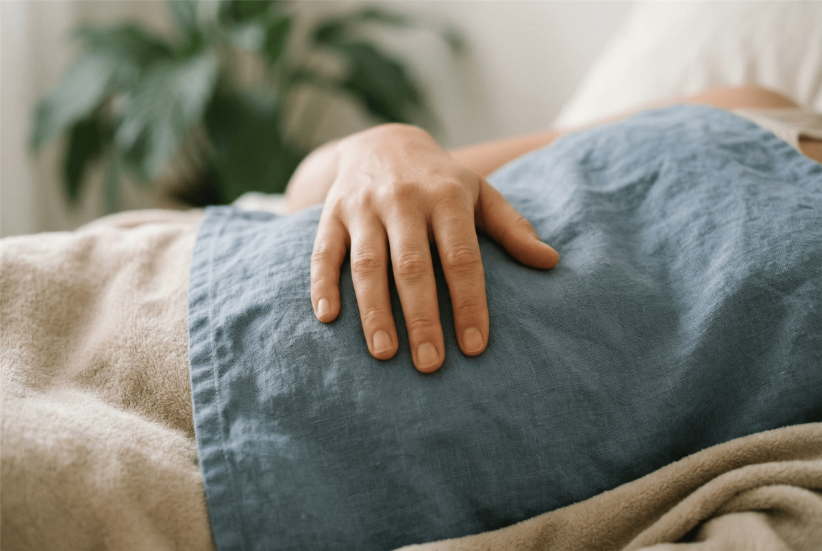 Close-up einer Hand, die sanft auf einem Bauch ruht, um die traumasensible Zwerchfellatmung und Nervensystem-Regulation bei atem-heilkraft.ch zu illustrieren.