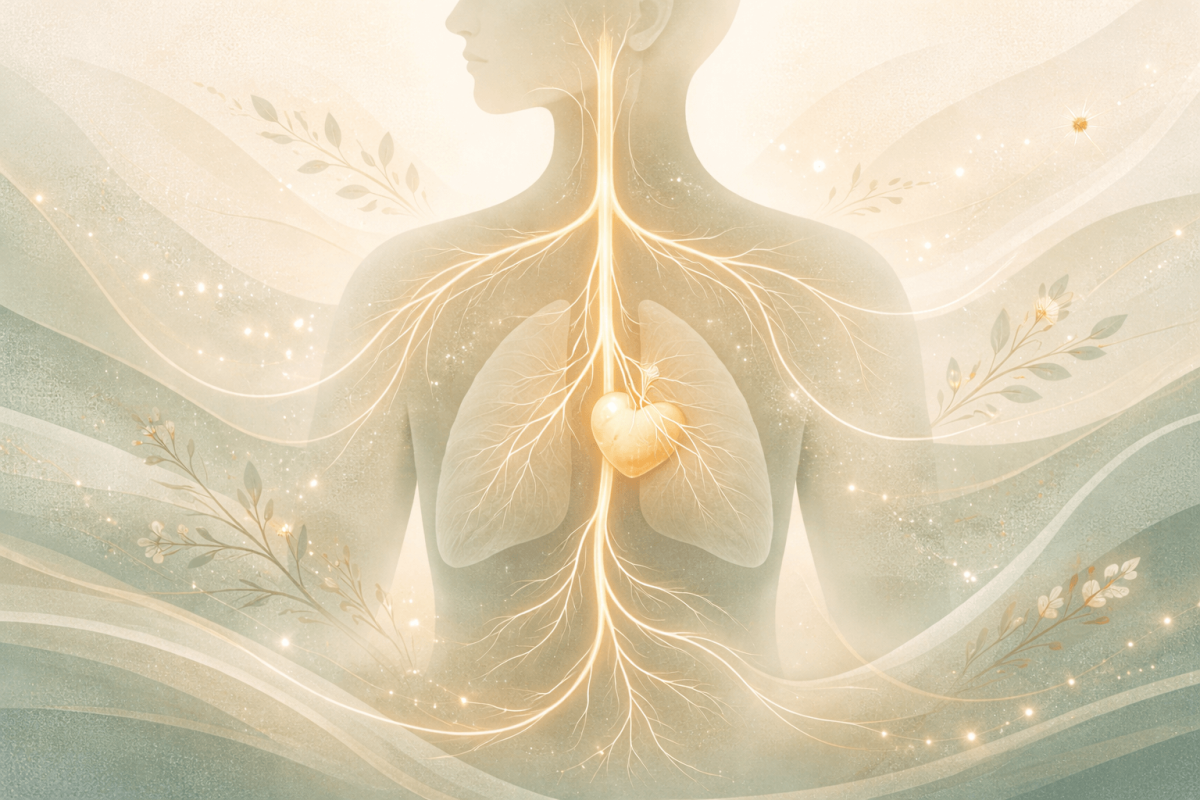 Künstlerische Darstellung des Vagusnervs im menschlichen Körper mit fliessenden Lichtbahnen, die Entspannung und Nervensystem-Regulation symbolisieren.