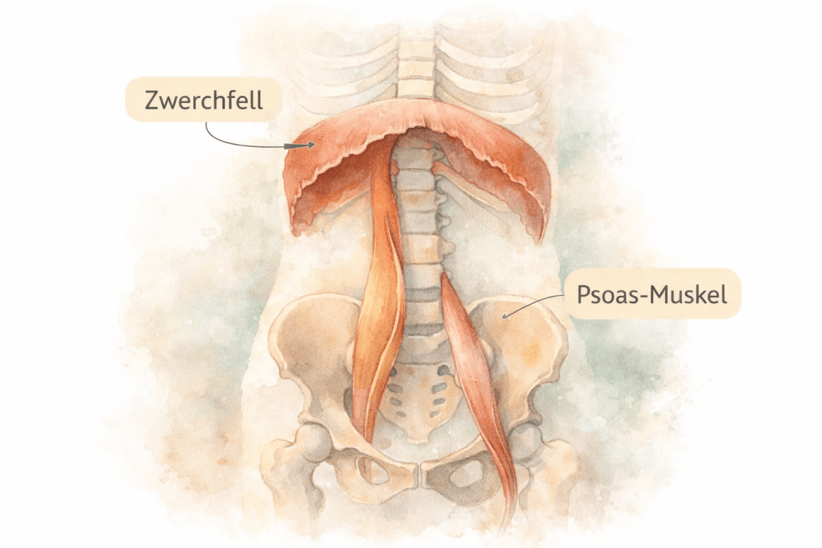 Anatomische Illustration im Aquarell-Stil, die die Verbindung zwischen dem Zwerchfell und dem Psoas-Muskel (Iliopsoas) am menschlichen Skelett zeigt.