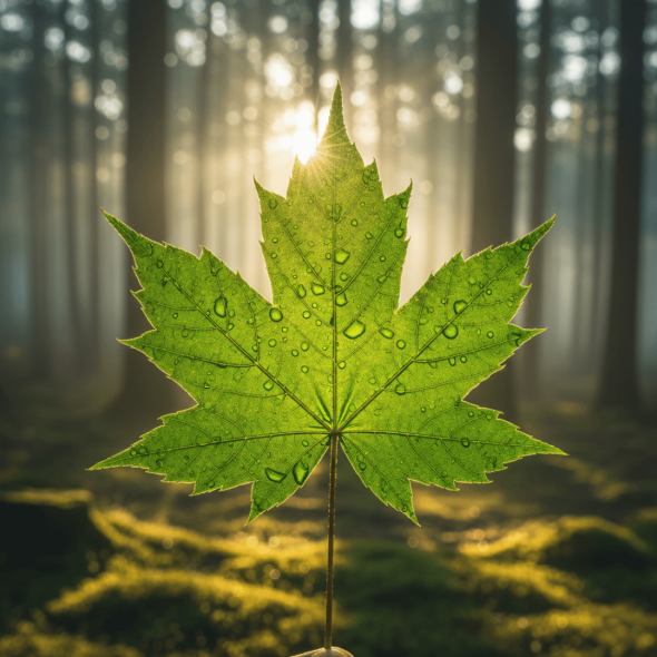 Ein grünes Ahornblatt im Gegenlicht, das die Struktur von Gefässen und innerem Fluss zeigt.