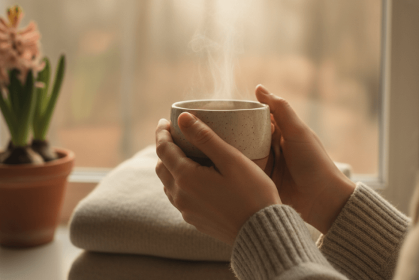 Hände halten eine dampfende Tasse Tee vor einem Fenster mit einer Hyazinthe im Hintergrund – Atmosphäre von Geborgenheit und Achtsamkeit.