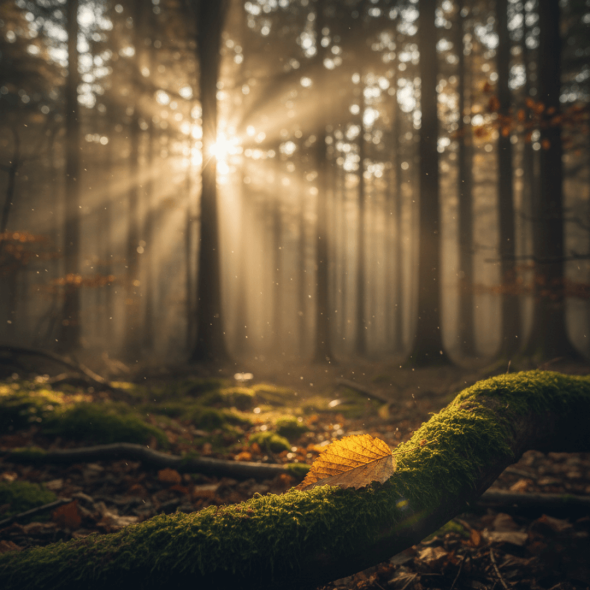 Ein goldenes Blatt ruht auf einem moosbedeckten Ast im Wald, während helles Sonnenlicht durch die hohen Bäume bricht.