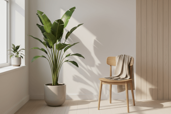 Ein heller Therapieraum mit einem Holzstuhl, einer weichen Decke und einer grossen Zimmerpflanze – Atmosphäre von Sicherheit und Ruhe.