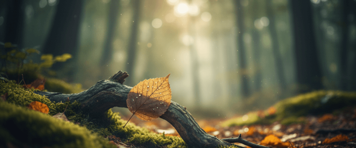 Ein herbstliches Blatt ruht auf einer bemoosten Wurzel in einem lichtdurchfluteten, nebligen Wald.