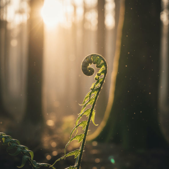 Ein junger Farnwedel entrollt sich im sanften Sonnenlicht eines Waldes, symbolisiert Wachstum und neues Erleben.