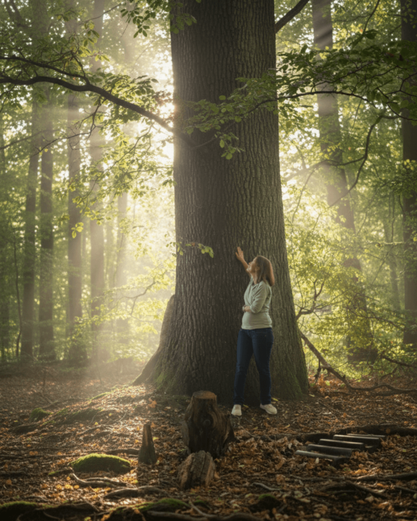 Sandra steht ruhig an einer grossen Eiche im Wald, während Sonnenstrahlen durch die Blätter fallen.