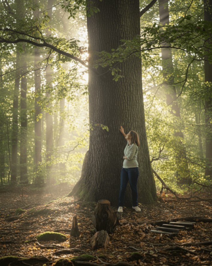 Sandra steht ruhig an einer grossen Eiche im Wald, während Sonnenstrahlen durch die Blätter fallen.